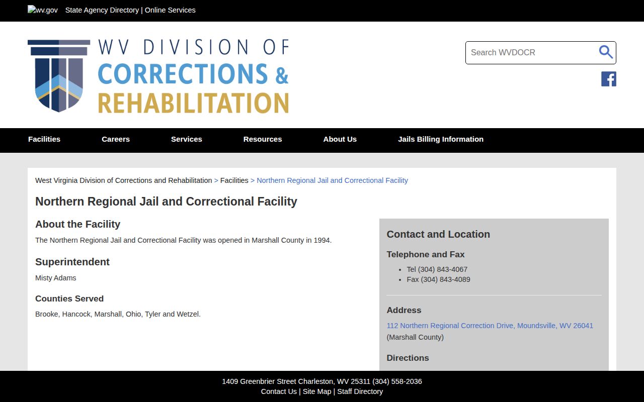 Northern Regional Jail release records and contact page for Ohio County